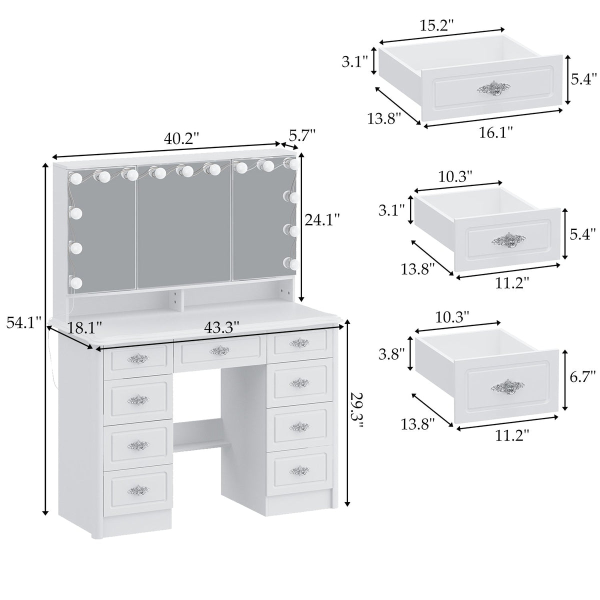 Table de toilette moderne minimaliste blanche de 110 cm avec 7 tiroirs, lumières et miroir