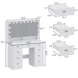 Table de toilette moderne minimaliste blanche de 110 cm avec 7 tiroirs, lumières et miroir