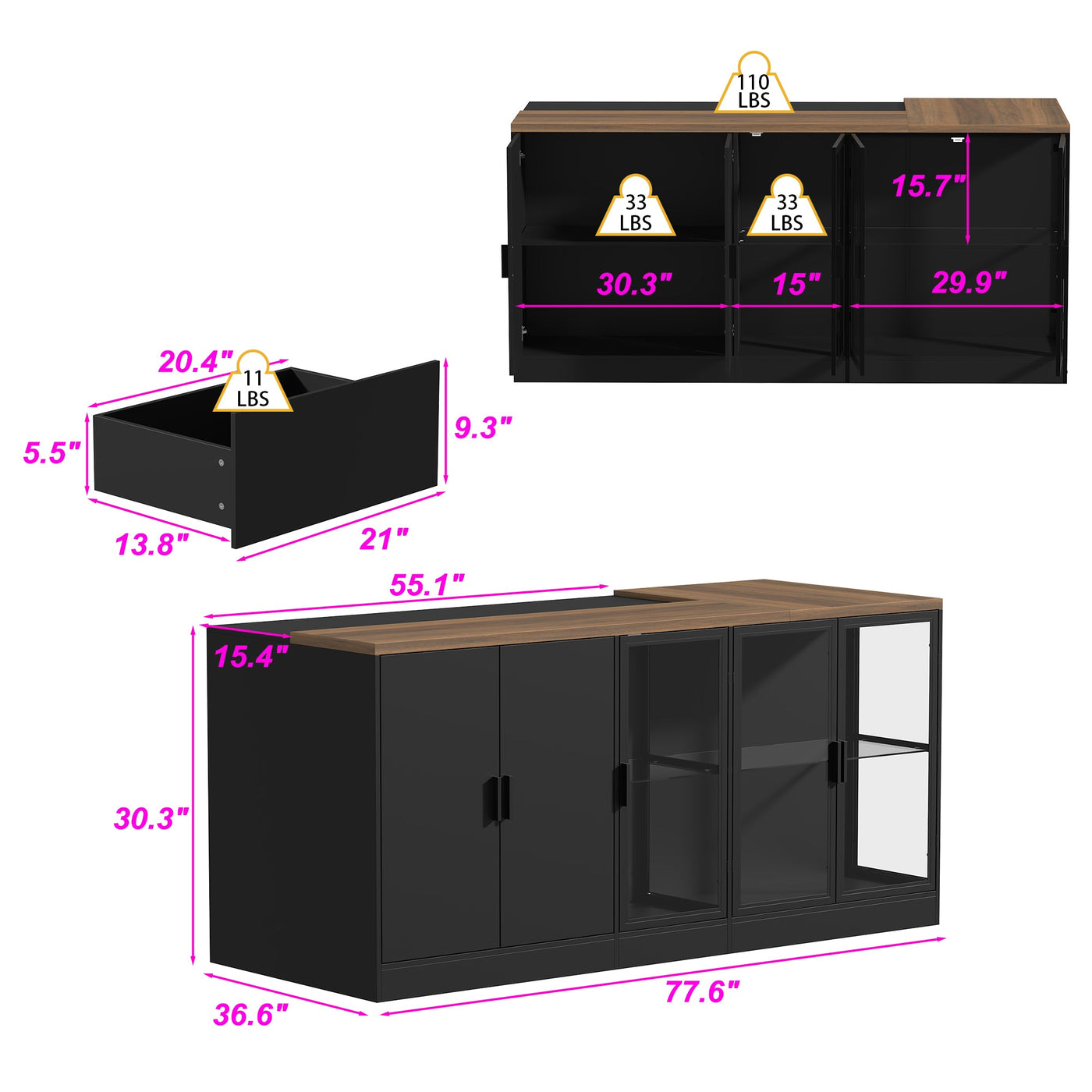 197cm Modern Elegant Black Kitchen Island with Glass Door, 3 Drawers and Lights