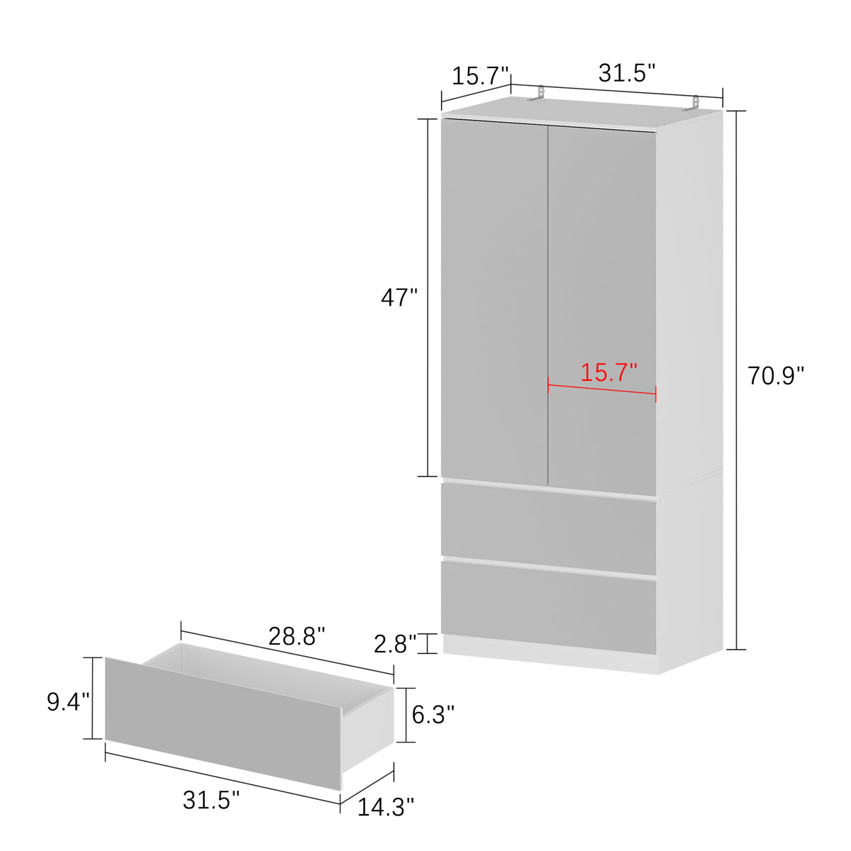 80 cm Modern White Full-Length Mirrored Wardrobe with Multiple Drawers and Adjustable Shelving