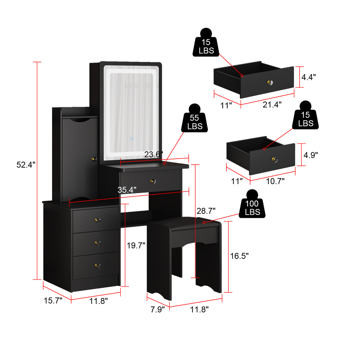 90 cm Modern White/Black Vanity Set with Sliding Mirror, 4 Drawers, Shelves and Cushioned Stool