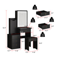90 cm Modern White/Black Vanity Set with Sliding Mirror, 4 Drawers, Shelves and Cushioned Stool