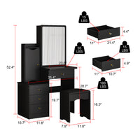 90 cm Modern White/Black Vanity Set with Sliding Mirror, 4 Drawers, Shelves and Cushioned Stool