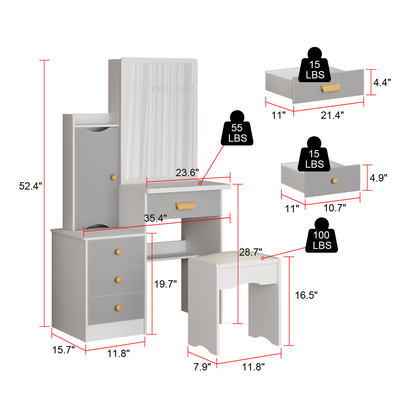 90 cm Modern White/Black Vanity Set with Sliding Mirror, 4 Drawers, Shelves and Cushioned Stool