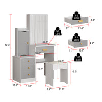 90 cm Modern White/Black Vanity Set with Sliding Mirror, 4 Drawers, Shelves and Cushioned Stool