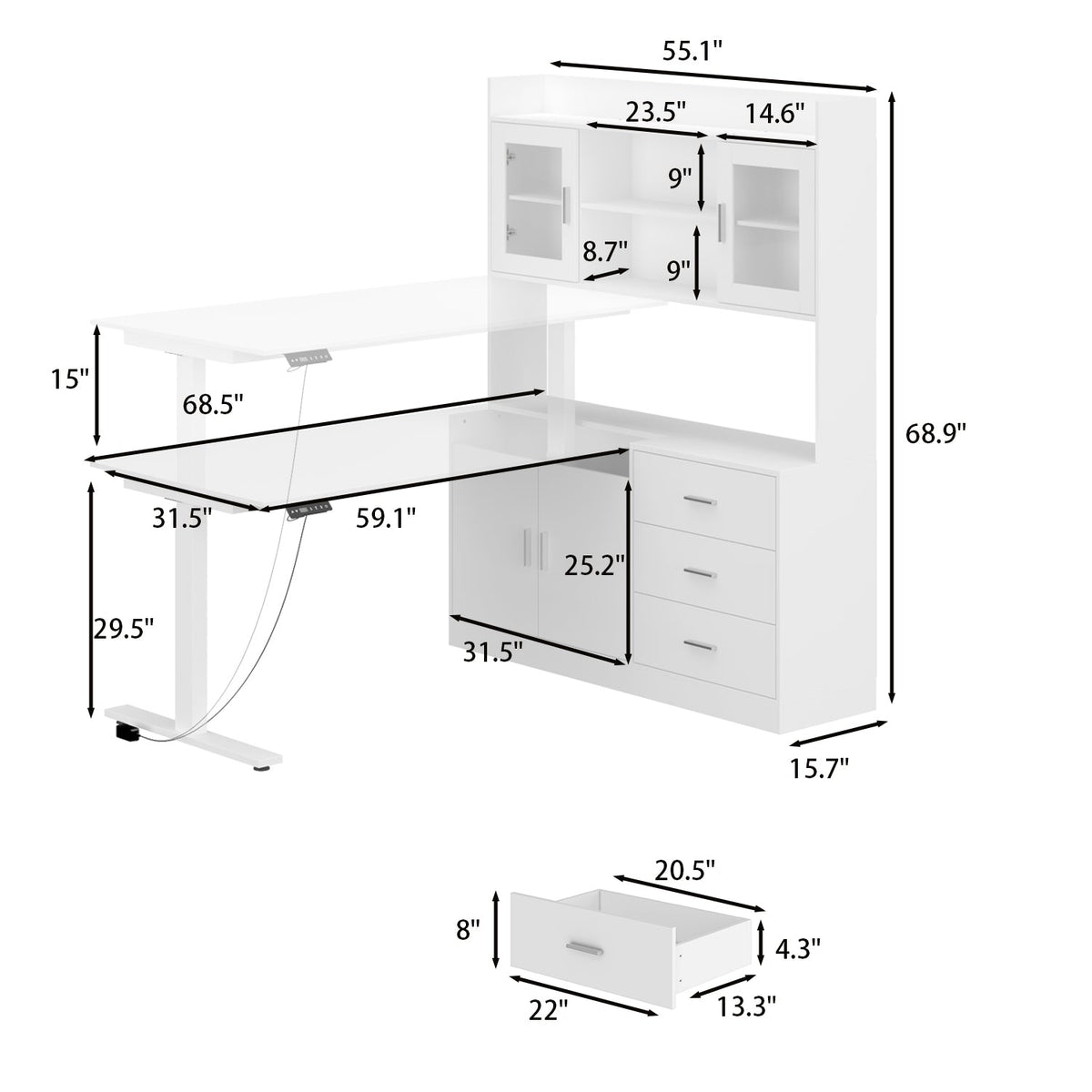 Bureau d'ordinateur élévateur blanc moderne de 174 cm avec bibliothèque