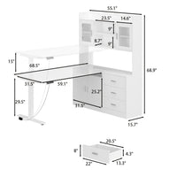 Bureau d'ordinateur élévateur blanc moderne de 174 cm avec bibliothèque