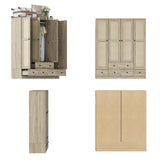 160 cm Rustic 4-Door Wardrobe Armoire with Rattan Paneling, 6 Drawers & 2 Hanging Rods