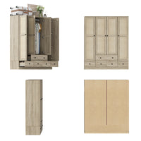 Armoire rustique à 4 portes de 160 cm avec panneaux en rotin, 6 tiroirs et 2 tringles de suspension