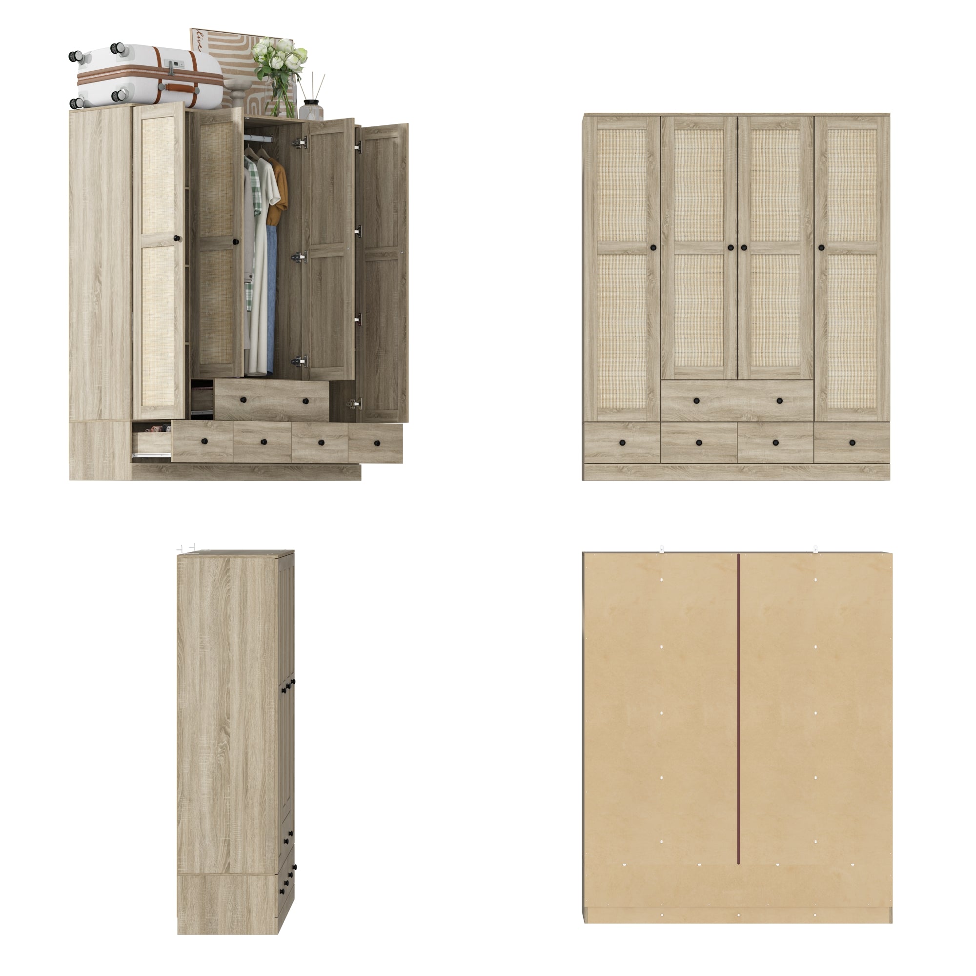 160 cm Rustic 4-Door Wardrobe Armoire with Rattan Paneling, 6 Drawers & 2 Hanging Rods