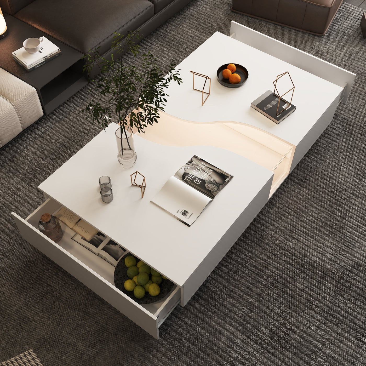 140 cm Modern Minimalist White Coffee Table With Light And Glass Finish In The Middle