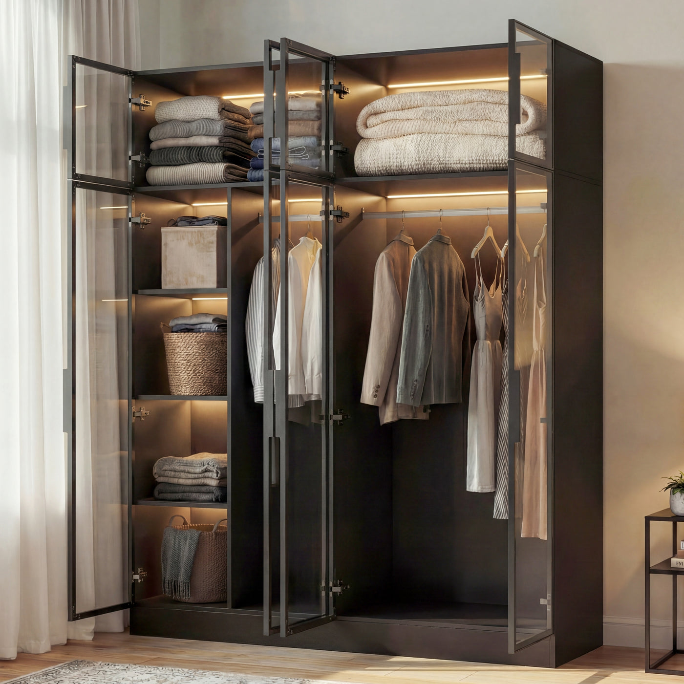 Modern wardrobe with clothes and shelves in a well-lit room