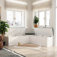 Meuble d'entrée d'angle moderne blanc avec coussin et rangement, 160 cm