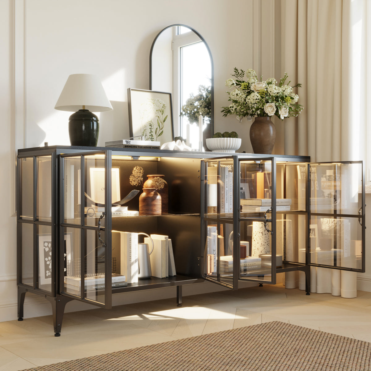 160 cm Modern Brown Sideboard Buffet Cabinet with 4 Doors and Gold Accents