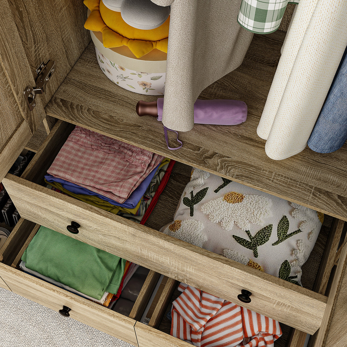 160 cm Rustic 4-Door Wardrobe Armoire with Rattan Paneling, 6 Drawers & 2 Hanging Rods