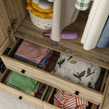 160 cm Rustic 4-Door Wardrobe Armoire with Rattan Paneling, 6 Drawers & 2 Hanging Rods