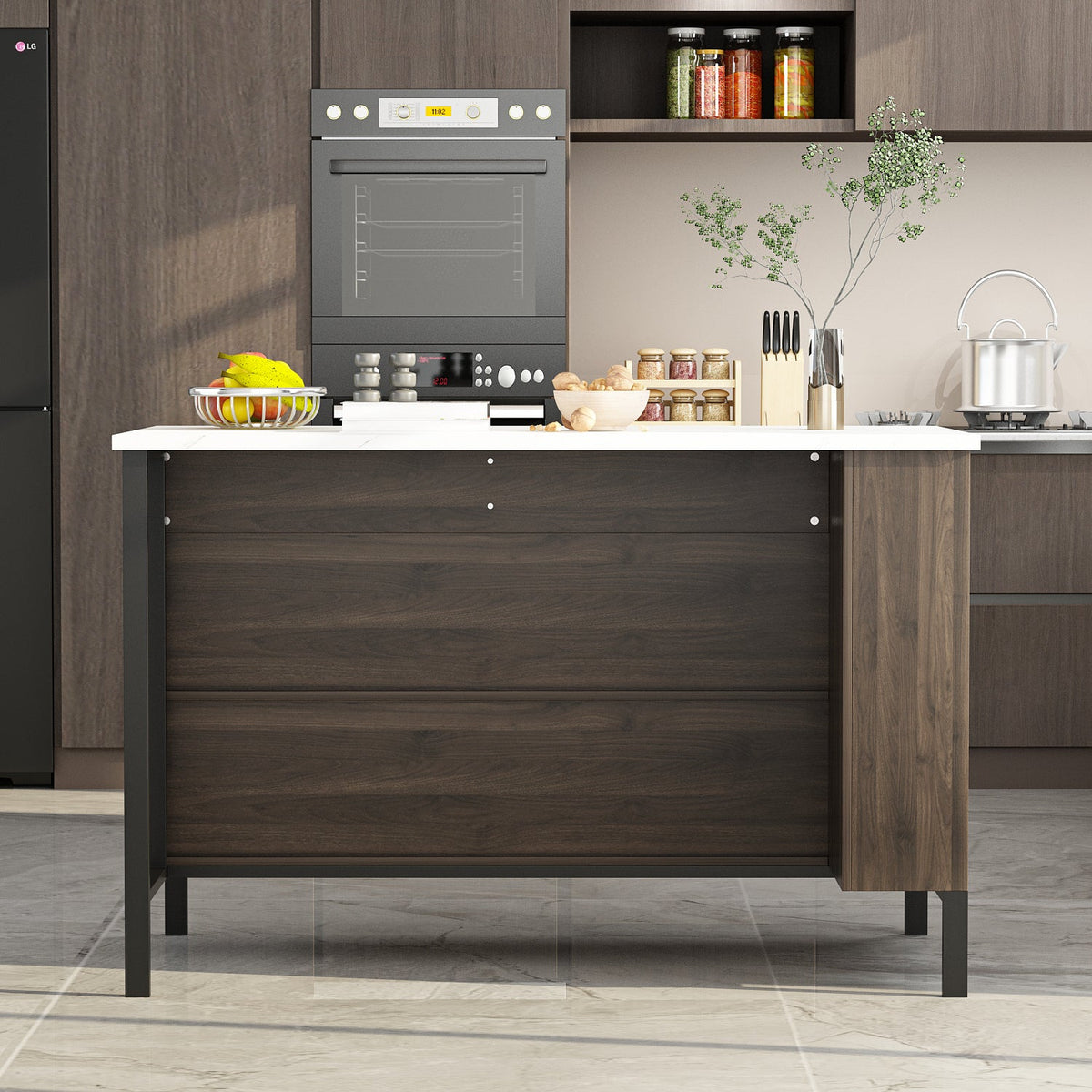 55,1 pouces Îlot de cuisine moderne marron foncé avec dessus en bois massif et manufacturé