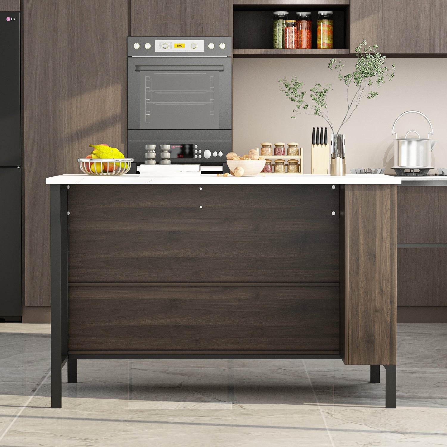 55,1 pouces Îlot de cuisine moderne marron foncé avec dessus en bois massif et manufacturé