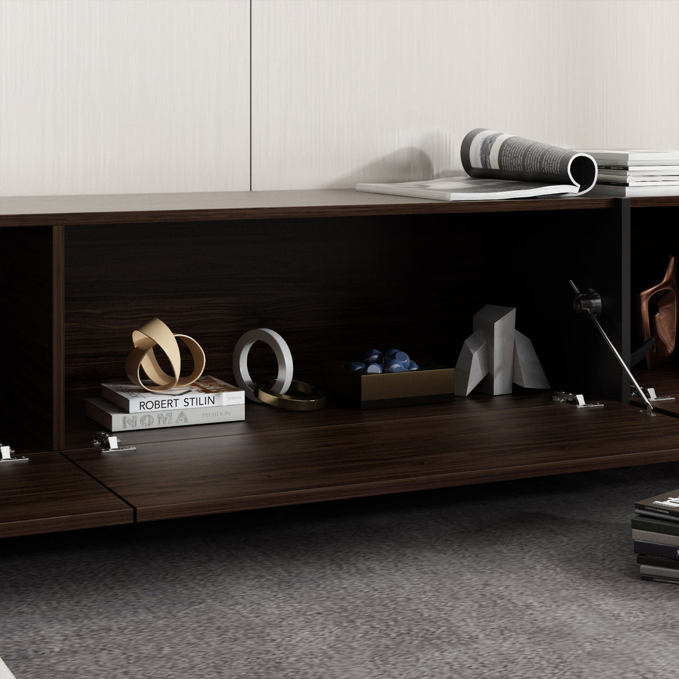 243 cm Modern Rustic Dark Brown Entertainment Center with 4 Pull-Down Doors