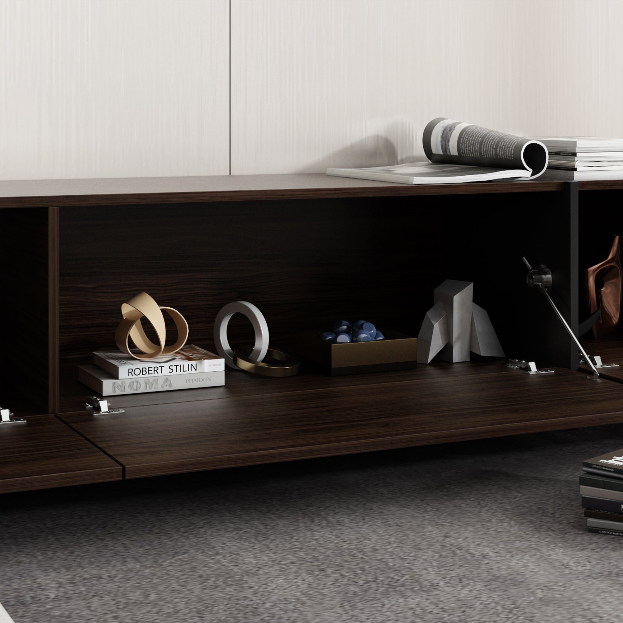 Meuble TV moderne rustique brun foncé de 243 cm avec 4 portes abattantes