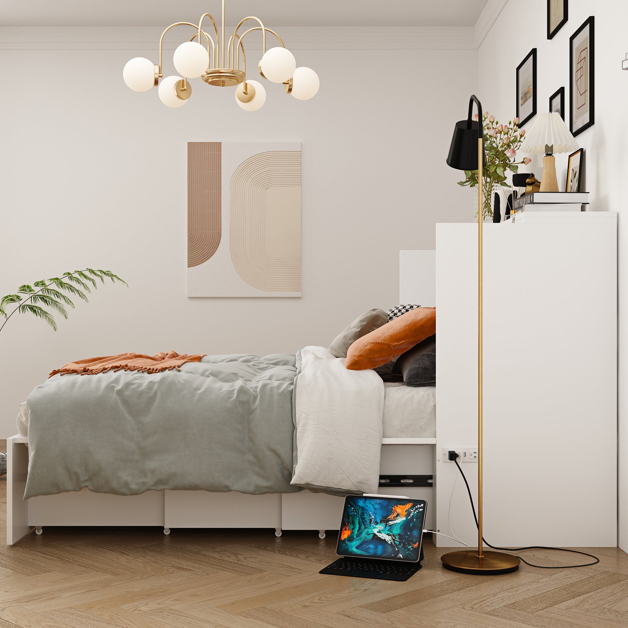 Lit pliant moderne et minimaliste blanc de 140 cm avec prises électriques
