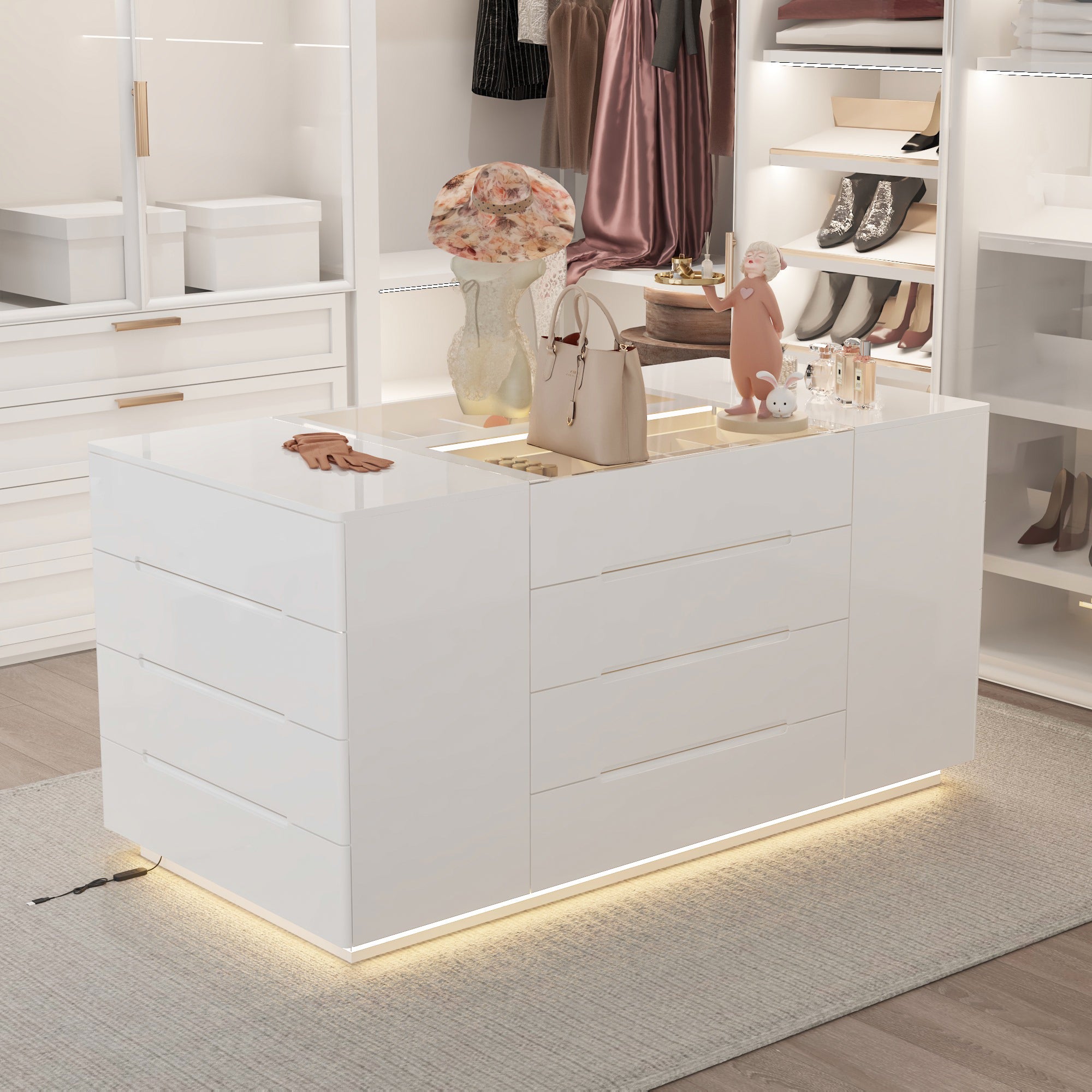 Commode rectangulaire moderne blanche 16 tiroirs, 160 cm