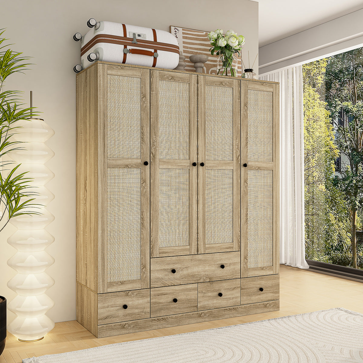160 cm Rustic 4-Door Wardrobe Armoire with Rattan Paneling, 6 Drawers & 2 Hanging Rods