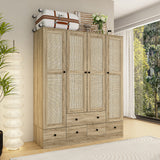 160 cm Rustic 4-Door Wardrobe Armoire with Rattan Paneling, 6 Drawers & 2 Hanging Rods
