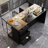197cm Modern Elegant Black Kitchen Island with Glass Door, 3 Drawers and Lights