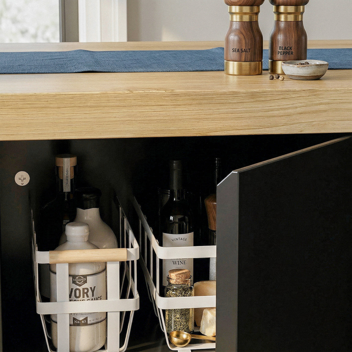 196 cm Modern Black Kitchen Island With Adjustable Shelves And Butcher Block Top
