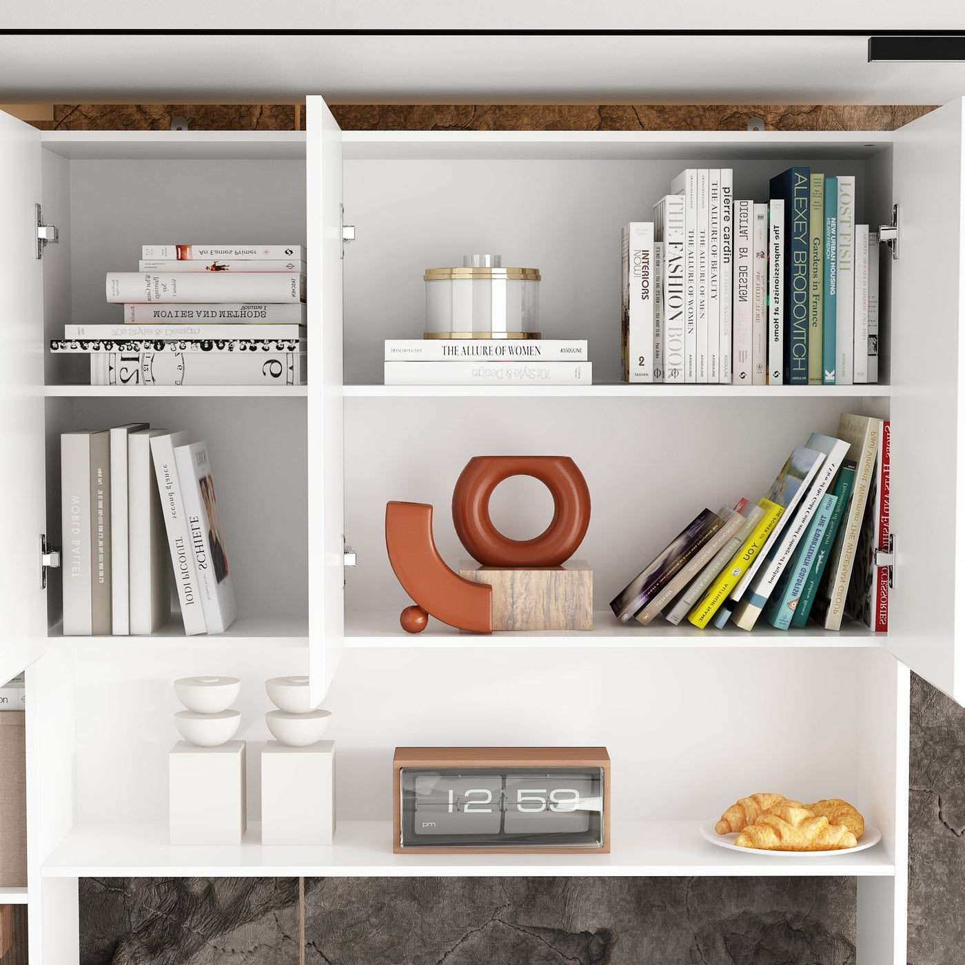 240 cm Modern White Desk with Hinged Doors and Pull-out Drawers