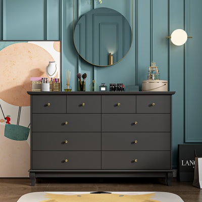 140 cm Modern Minimalist White/Black Credenza Storage Cabinet Double Dresser with 10 Drawers and Silver Handle Doors