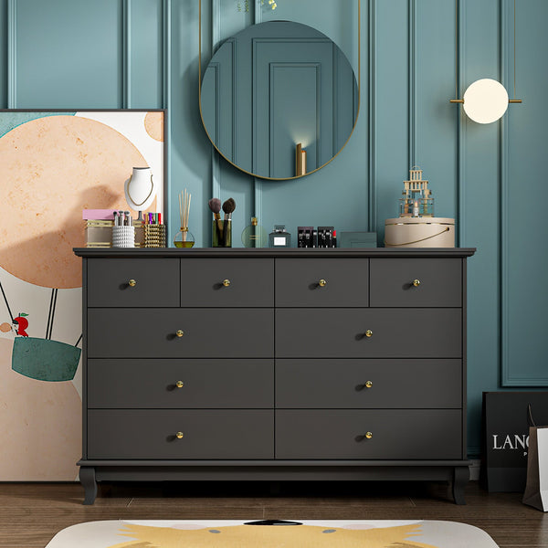 140 cm Modern Minimalist White/Black Credenza Storage Cabinet Double Dresser with 10 Drawers and Silver Handle Doors