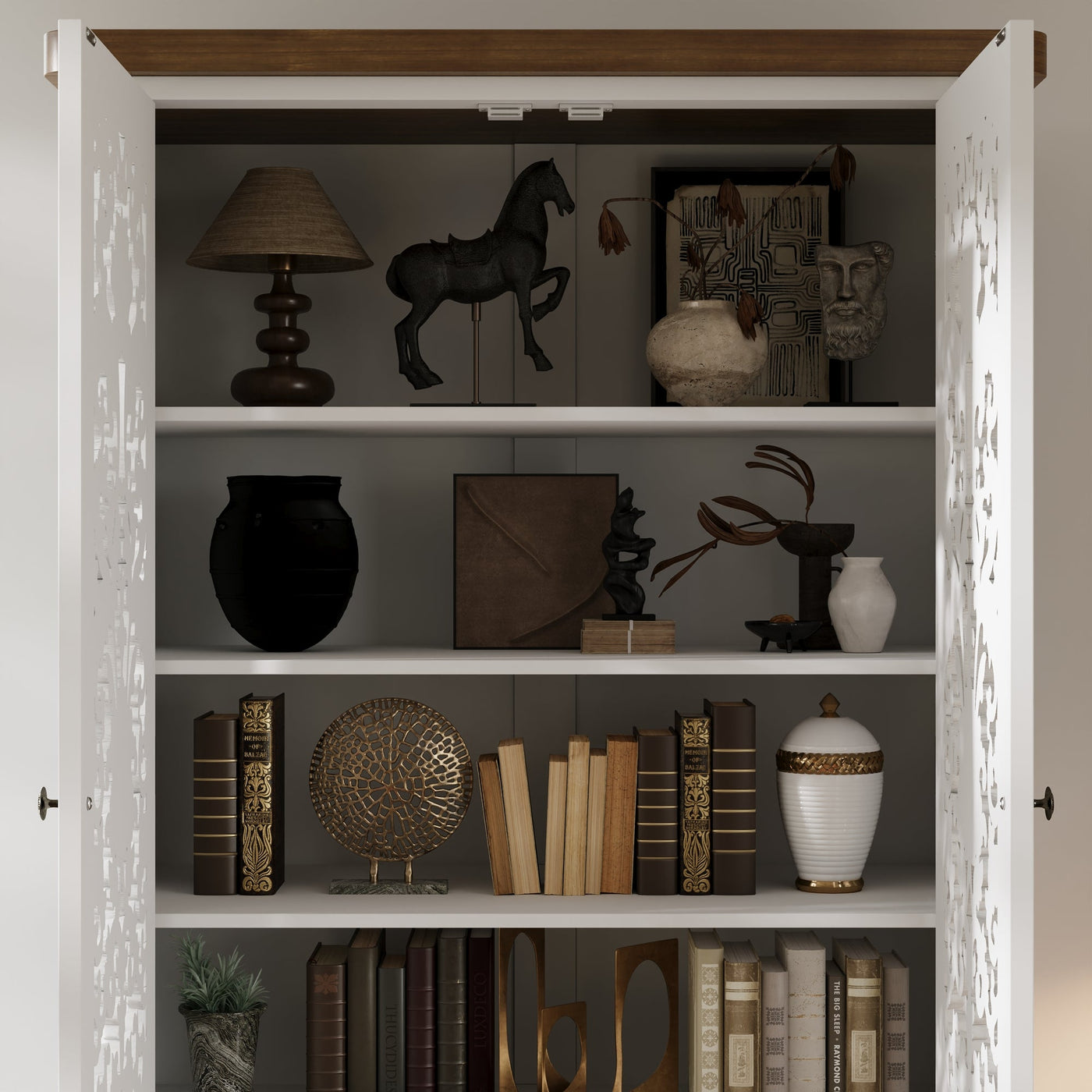 Dining room with a white ornate cabinet and wooden table