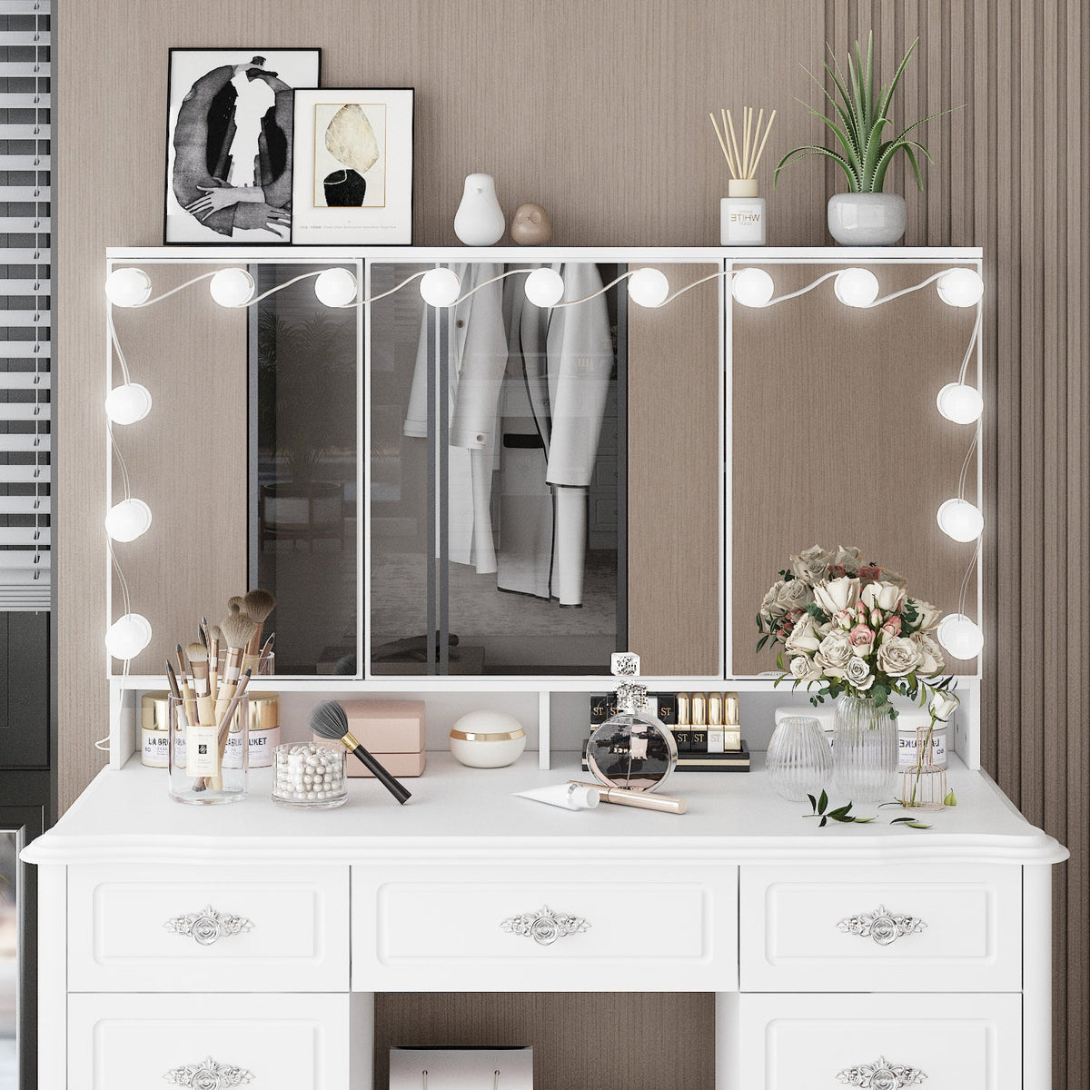 Table de toilette moderne minimaliste blanche de 110 cm avec 7 tiroirs, lumières et miroir