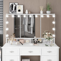 Table de toilette moderne minimaliste blanche de 110 cm avec 7 tiroirs, lumières et miroir