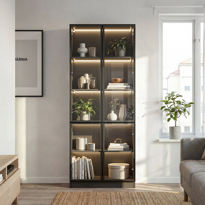 80 cm Modern White/Black Display Cabinet with LED Lights & 2 Fluted Glass Doors