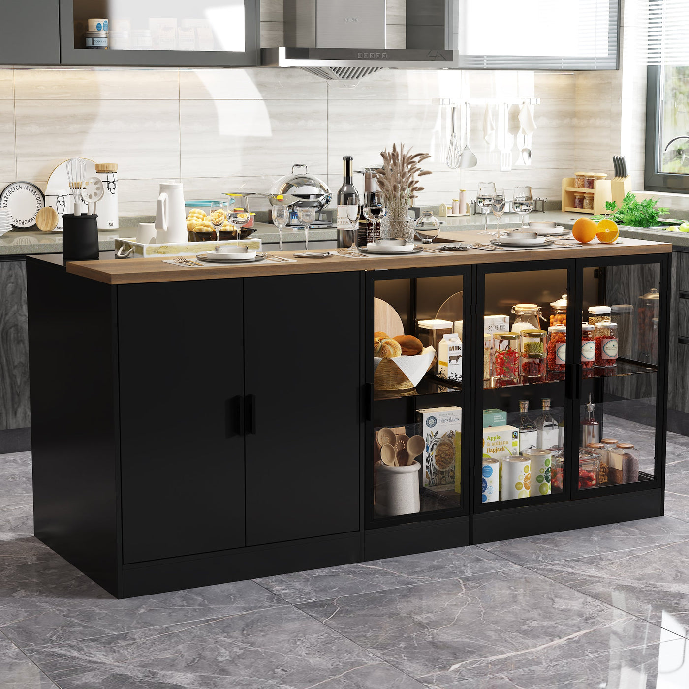 197cm Modern Elegant Black Kitchen Island with Glass Door, 3 Drawers and Lights