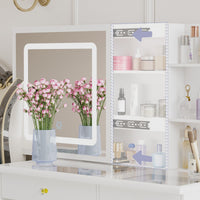 Table de toilette moderne blanche de 39,4 pouces, coiffeuse avec grand miroir coulissant éclairé et 5 tiroirs, étagères cachées