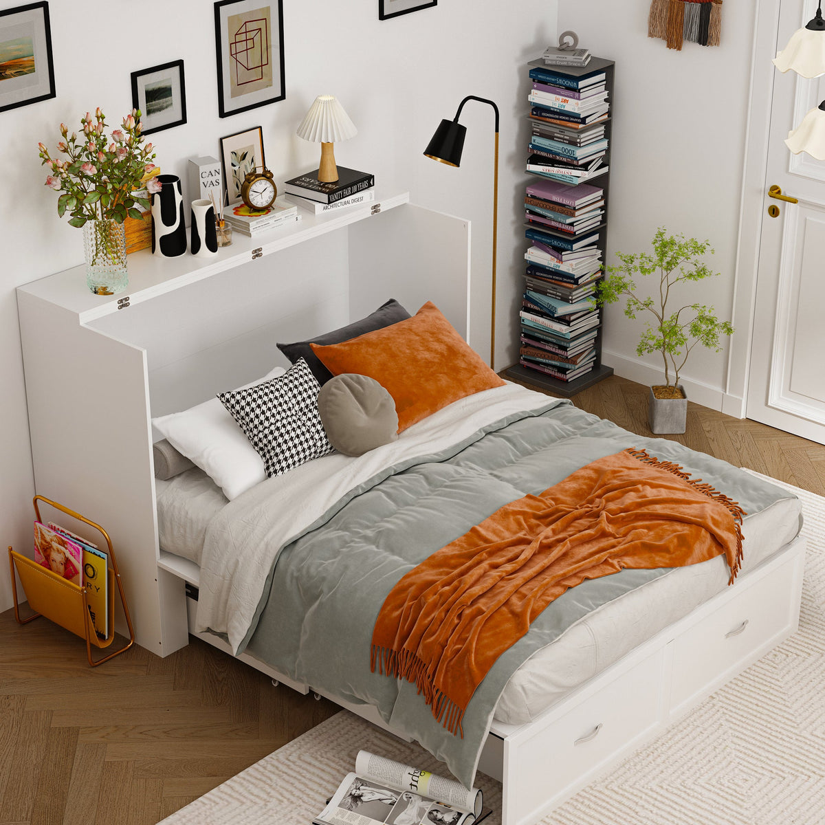 Lit escamotable blanc moderne et minimaliste de 157 cm avec prises électriques