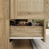 160 cm Rustic 4-Door Wardrobe Armoire with Rattan Paneling, 6 Drawers & 2 Hanging Rods