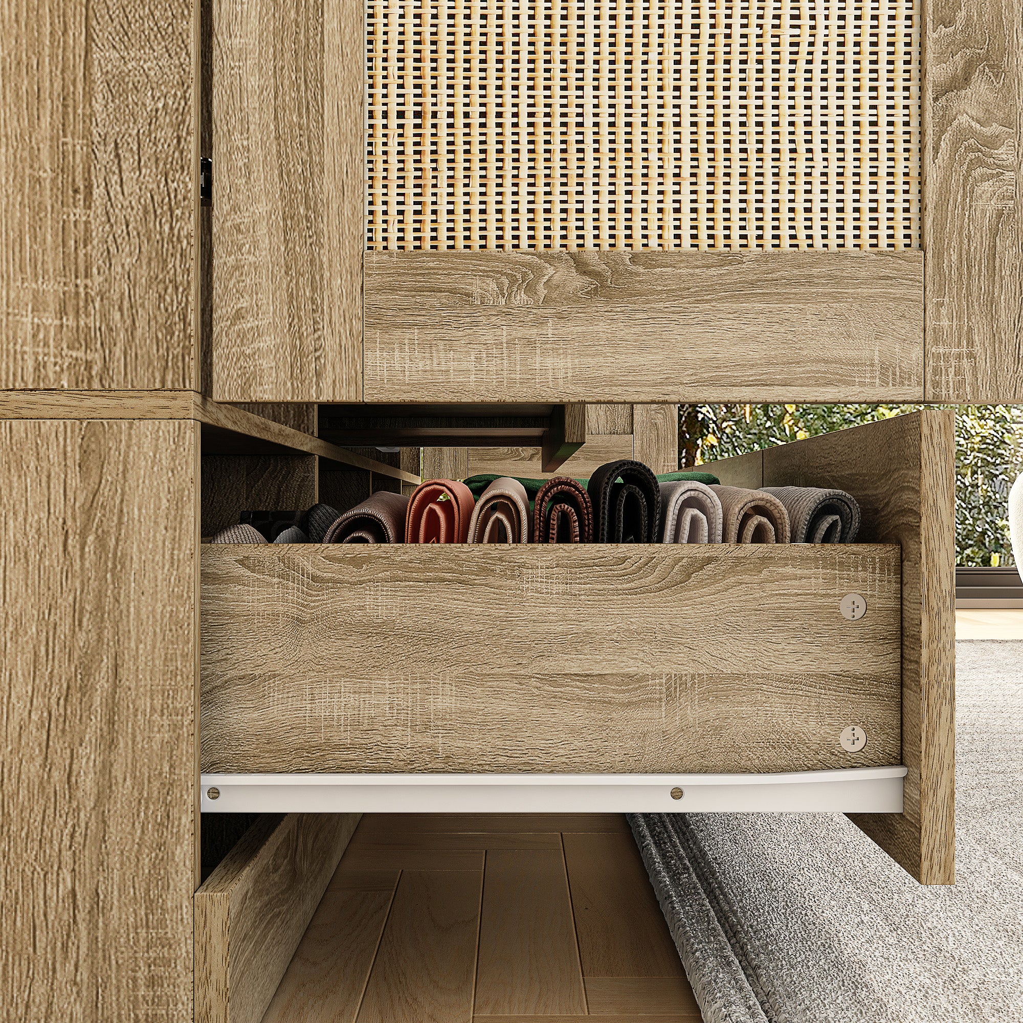 160 cm Rustic 4-Door Wardrobe Armoire with Rattan Paneling, 6 Drawers & 2 Hanging Rods