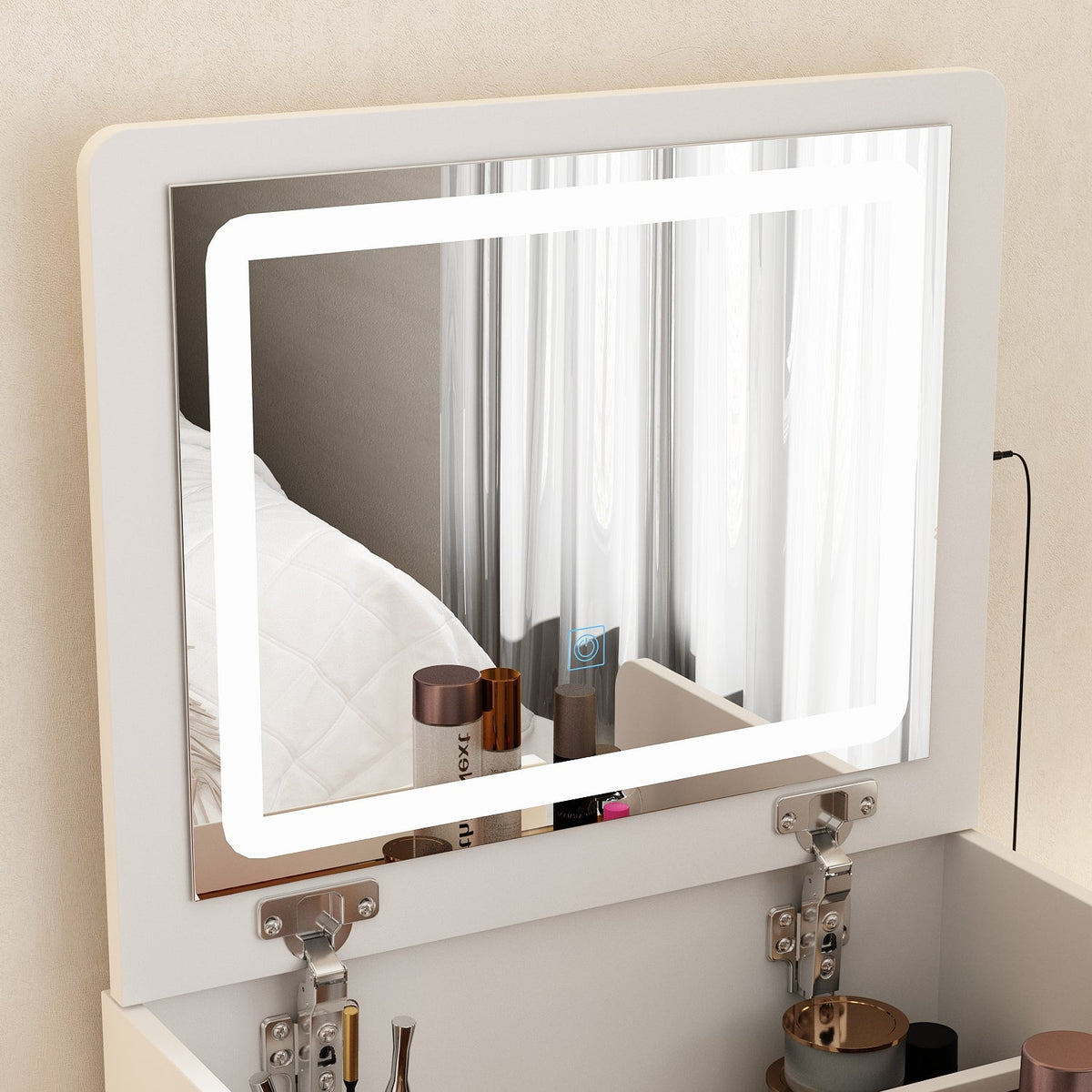 Coiffeuse moderne blanche de 47,5 cm avec lumières et miroir rabattable