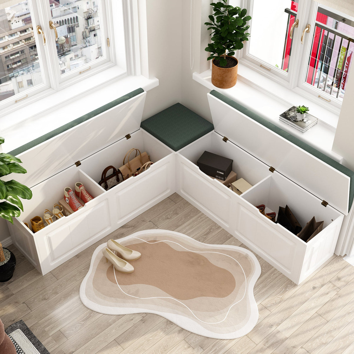 Meuble d'entrée d'angle moderne blanc avec coussin et rangement, 160 cm
