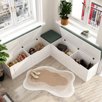 Meuble d'entrée d'angle moderne blanc avec coussin et rangement, 160 cm
