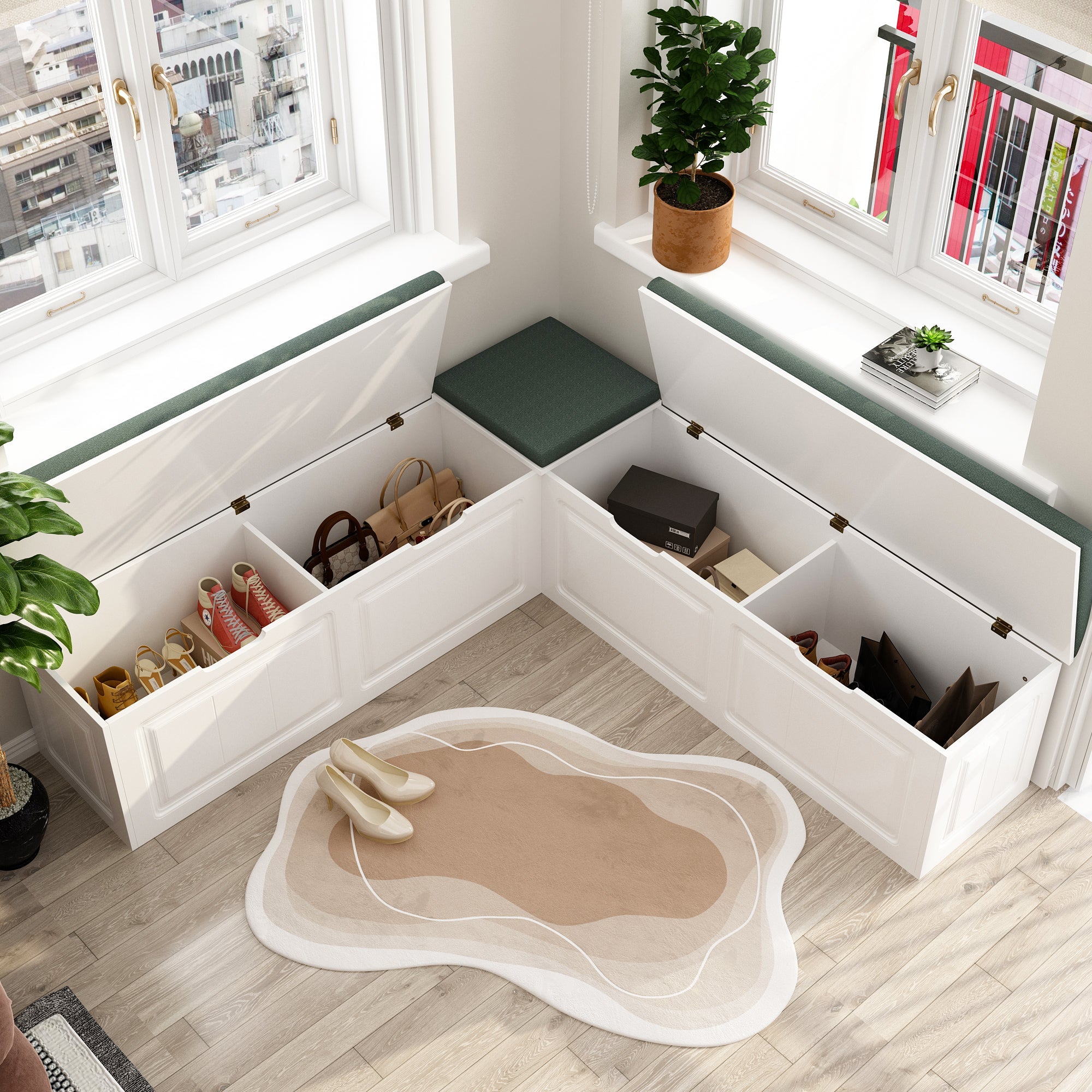 160 cm Modern White Corner Shoe Bench with Cushion and Storage