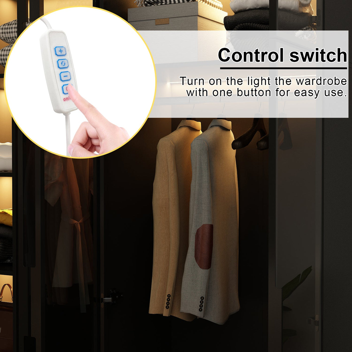 Modern wardrobe with clothes and shelves in a well-lit room