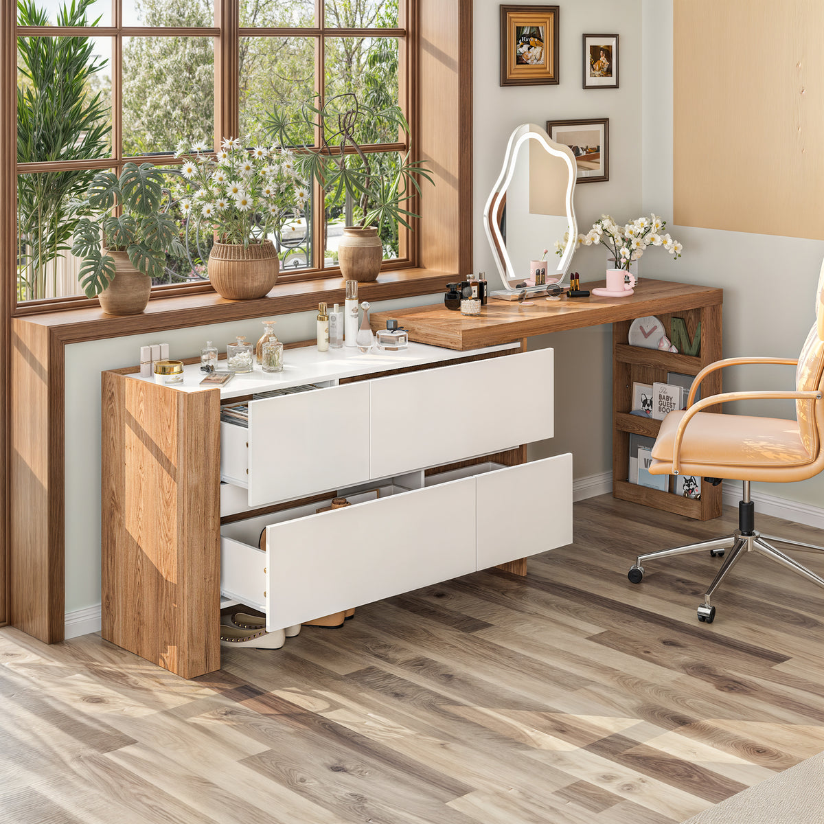 Meuble-lavabo moderne en L de 100 cm avec commode à 4 tiroirs