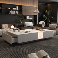 140 cm Modern Minimalist White Coffee Table With Light And Glass Finish In The Middle
