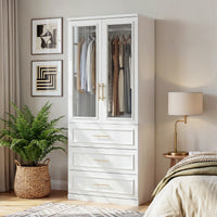 81 cm Modern White Glass Door Armoire with Hanging Rod and 3 Drawers